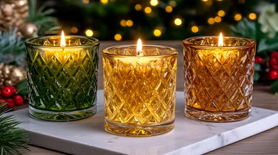 Three Lit Votive Candles In Textured Glass Holders