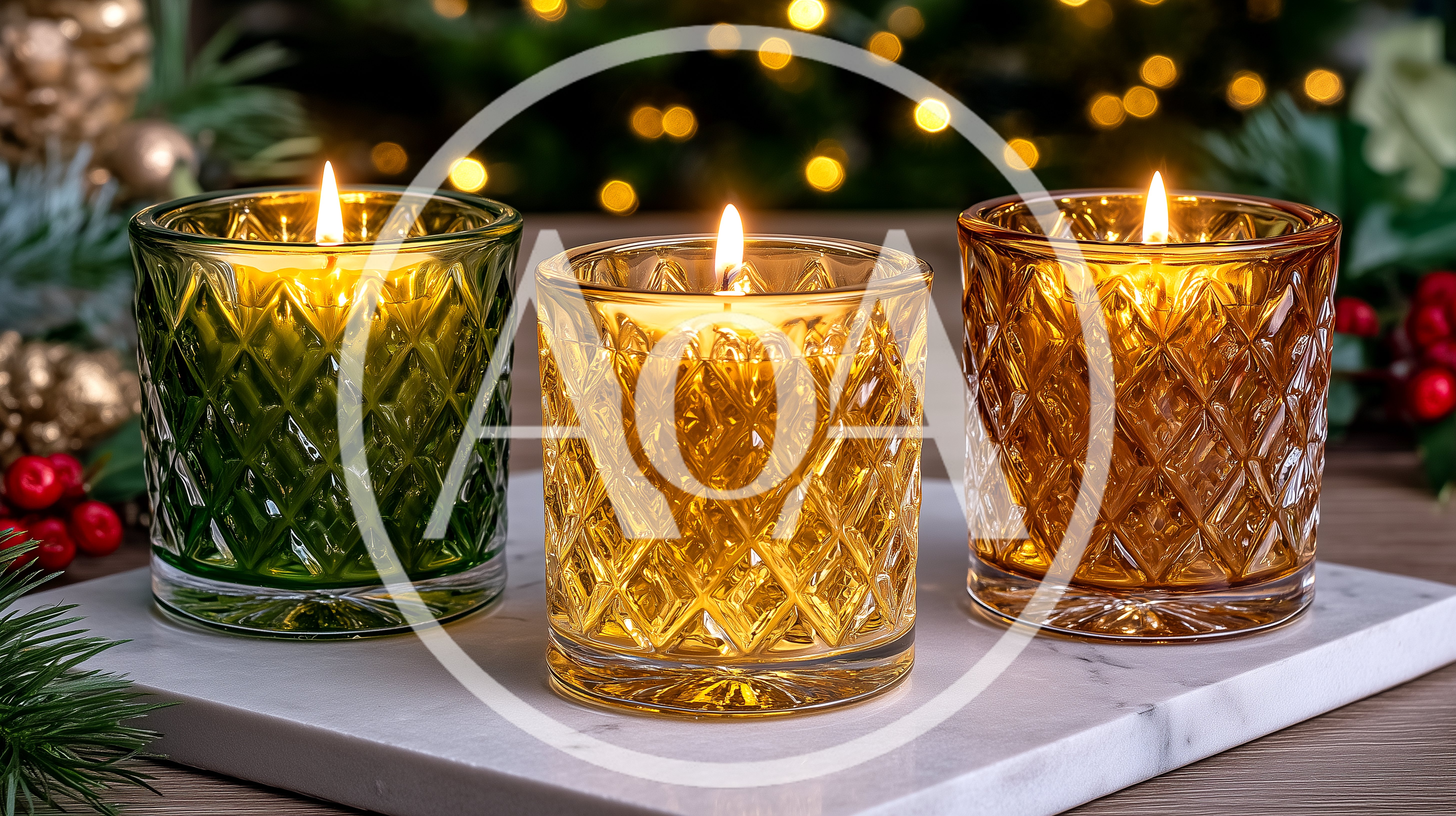 Three Lit Votive Candles In Textured Glass Holders