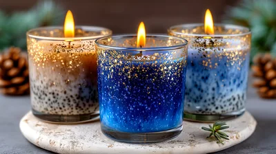 Three Lit Candles In Glittery Glass Holders