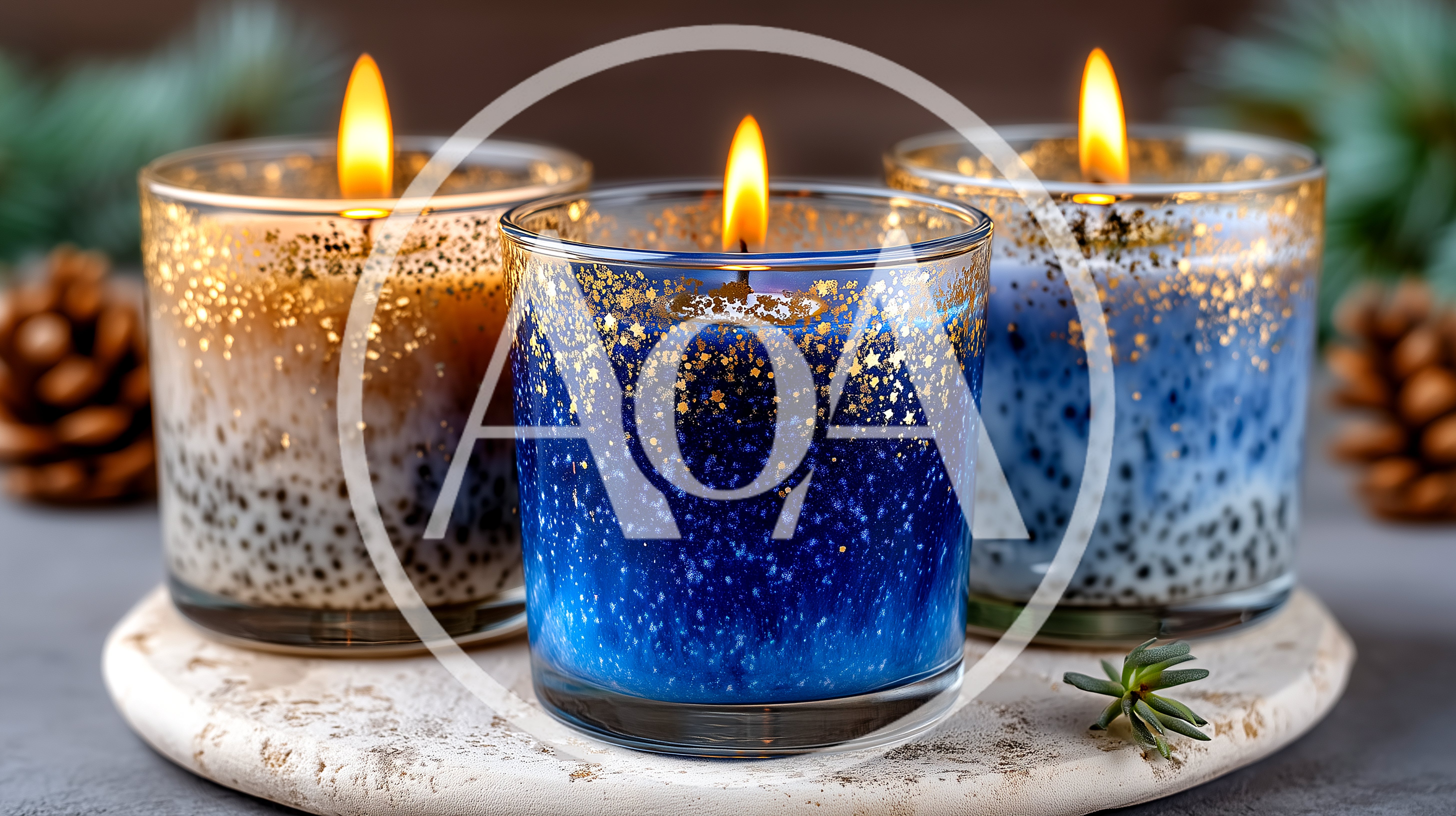 Three Lit Candles In Glittery Glass Holders