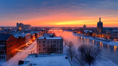 Winter Sunset Over Frozen River And Cityscape