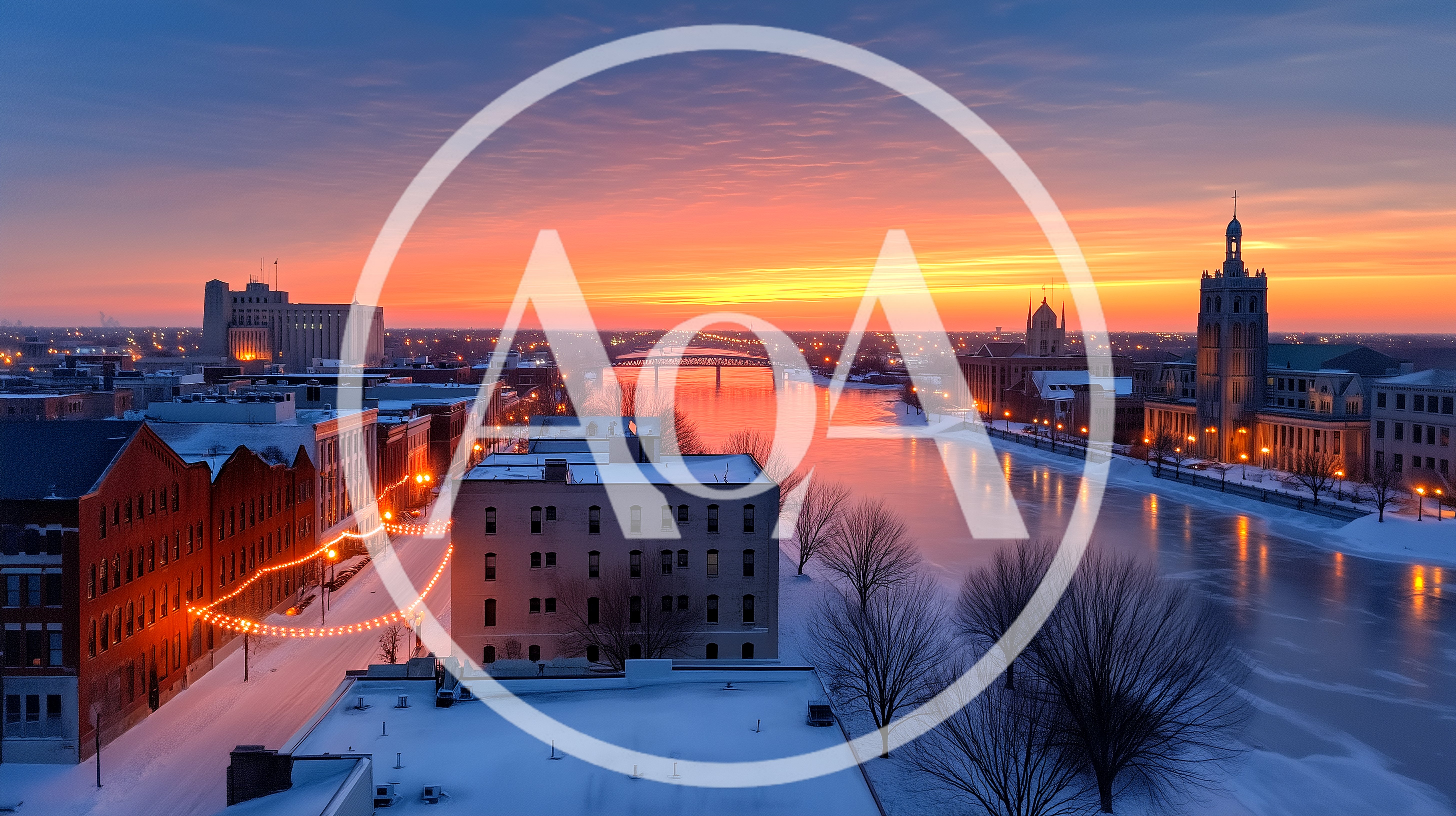Winter Sunset Over Frozen River And Cityscape