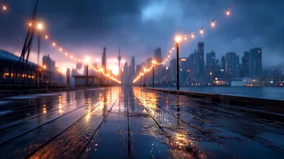 Rainy Wooden Pier With String Lights At Twilight