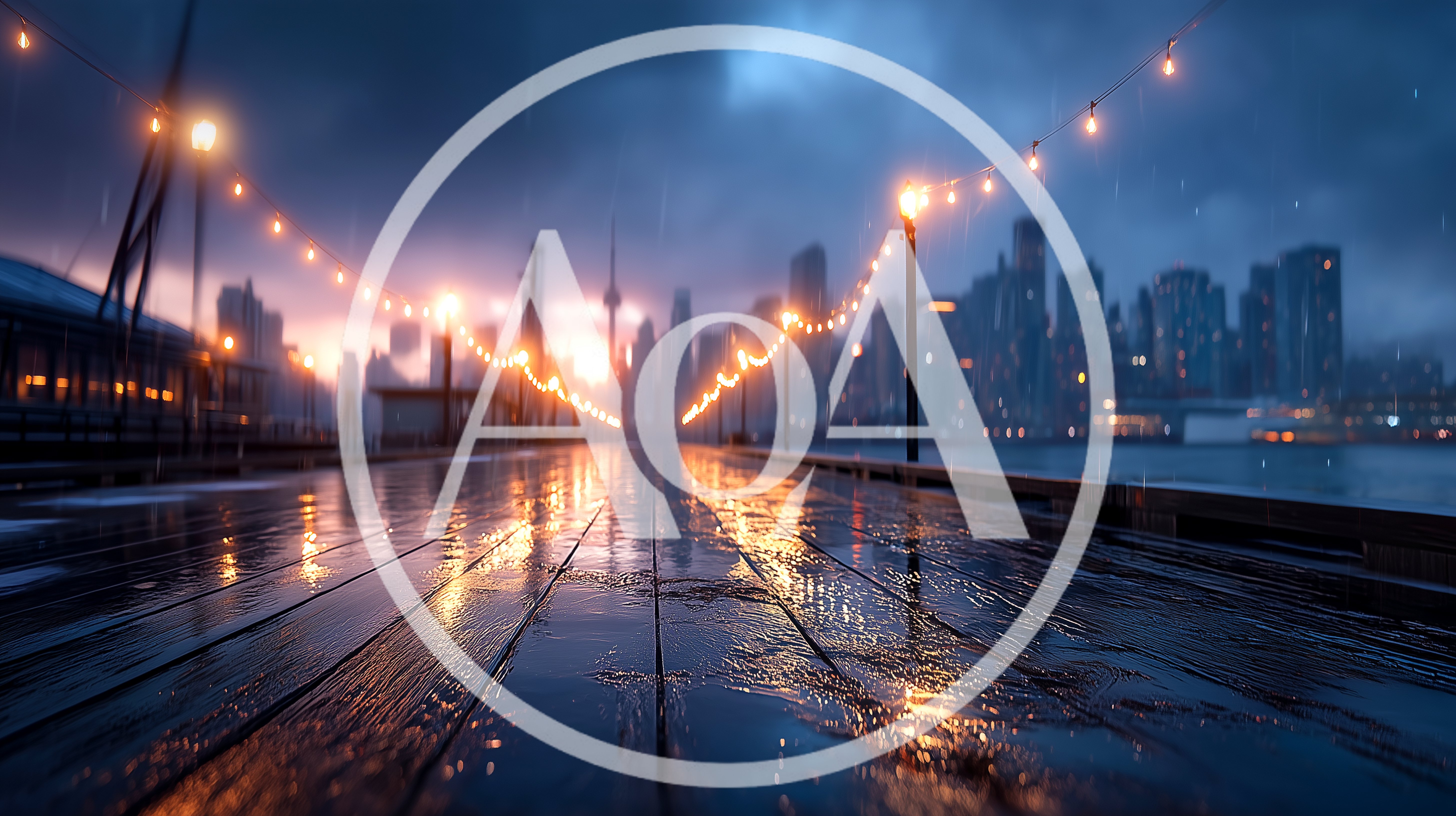 Rainy Wooden Pier With String Lights At Twilight