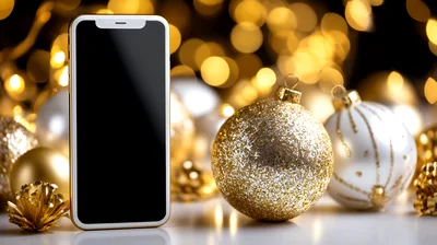 Smartphone With Blank Screen Among Christmas Ornaments