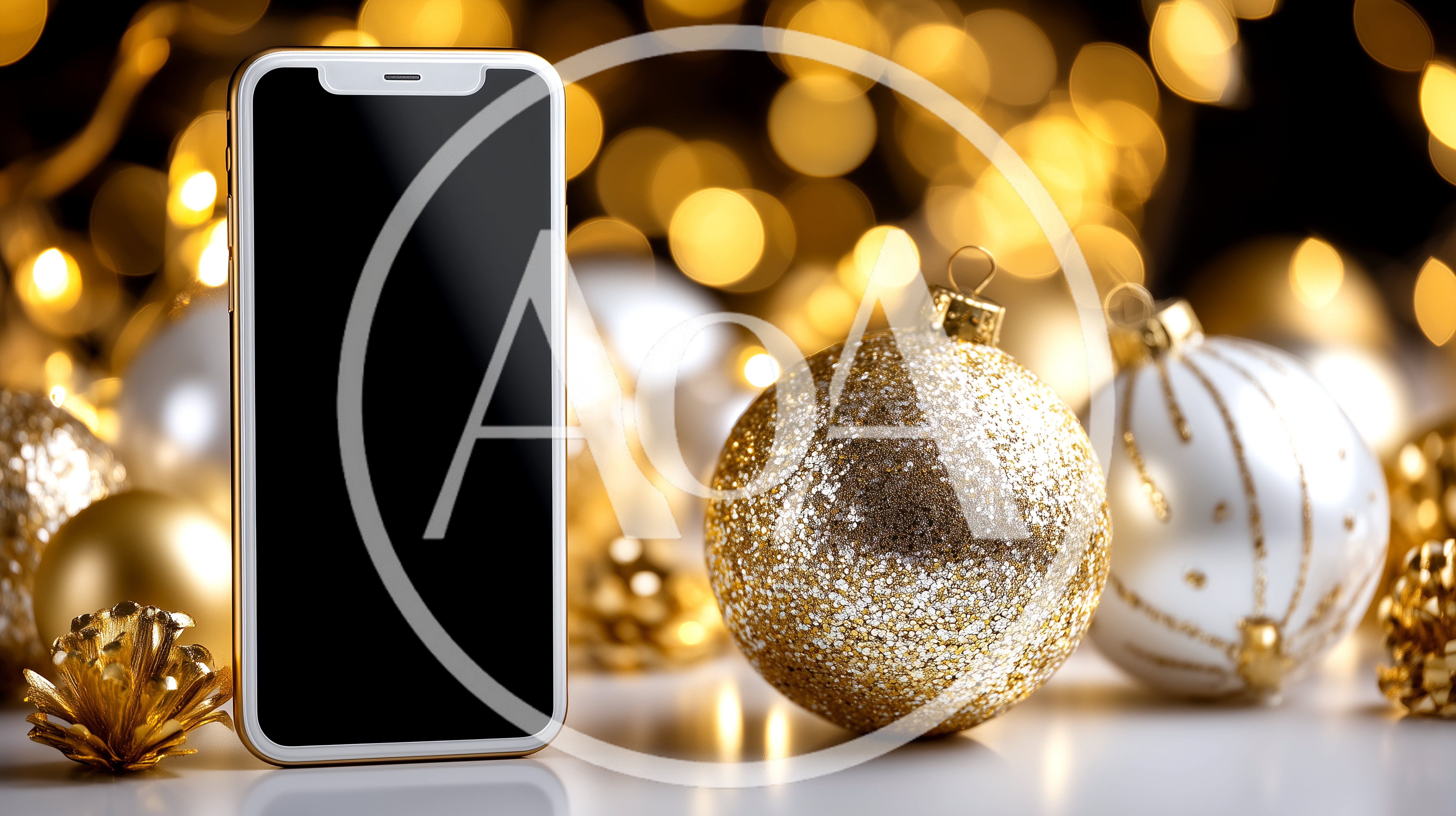 Smartphone With Blank Screen Among Christmas Ornaments