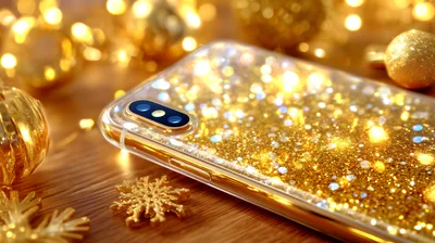 Gold Glitter Smartphone Case With Christmas Decorations