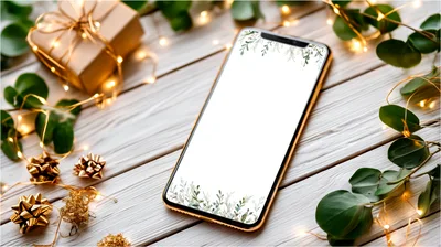 Smartphone With Blank Screen On Festive Wooden Table