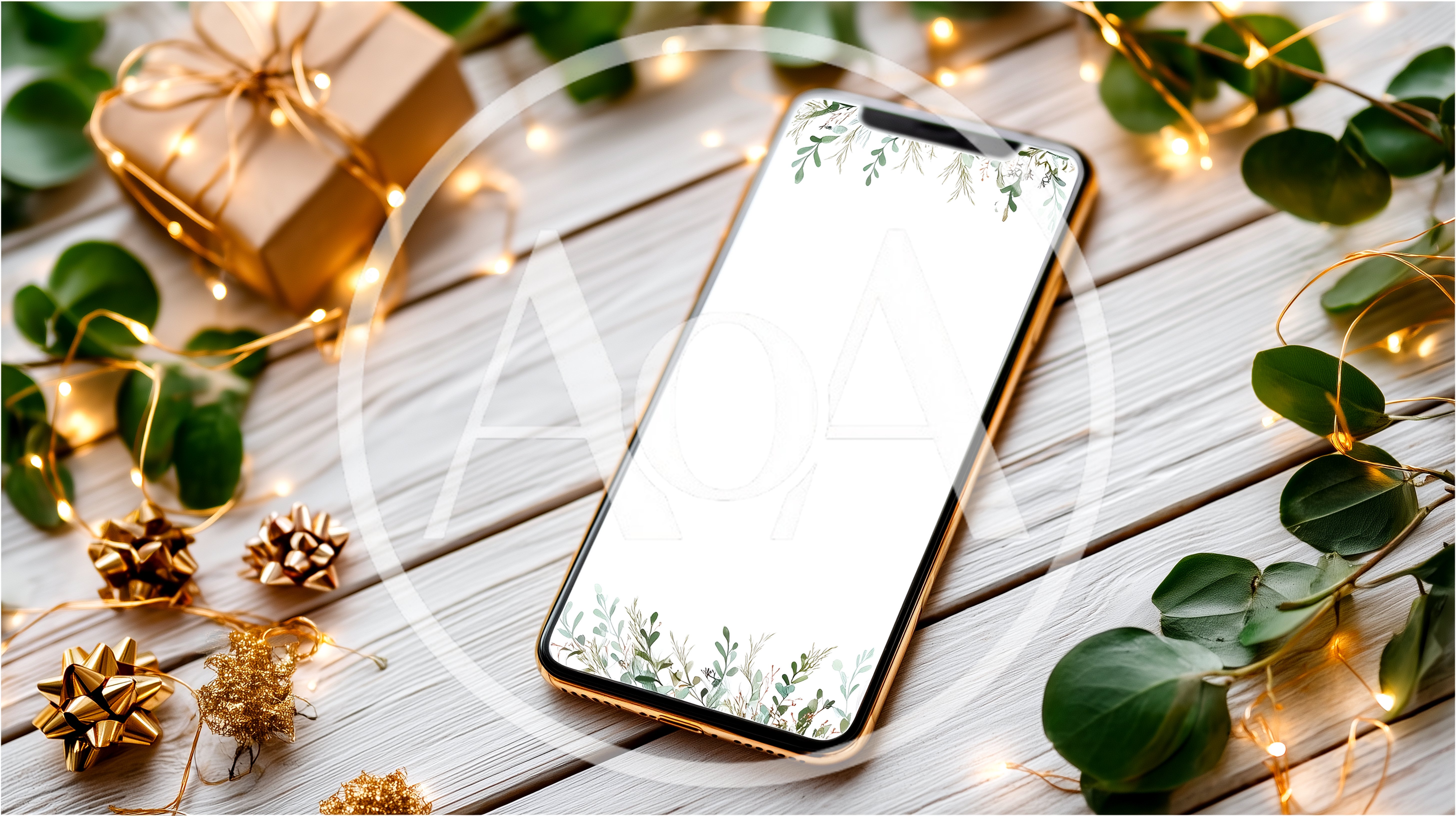 Smartphone With Blank Screen On Festive Wooden Table