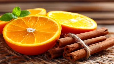 Fresh Orange Slices With Cinnamon Sticks And Mint