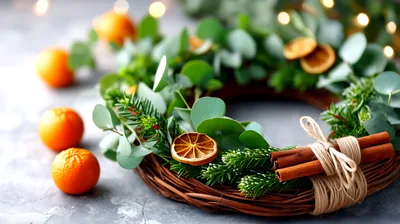Christmas Wreath With Oranges And Cinnamon Sticks