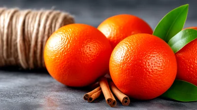 Fresh Oranges With Cinnamon Sticks And Twine