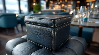 Black Leather Box With Studded Trim On Padded Stool