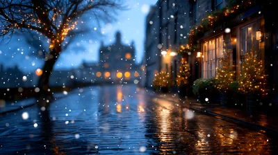 Snow Falling On A Festive European Street At Night