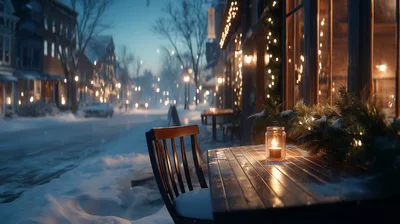 Cozy Outdoor Cafe Table In Snowy Winter Evening