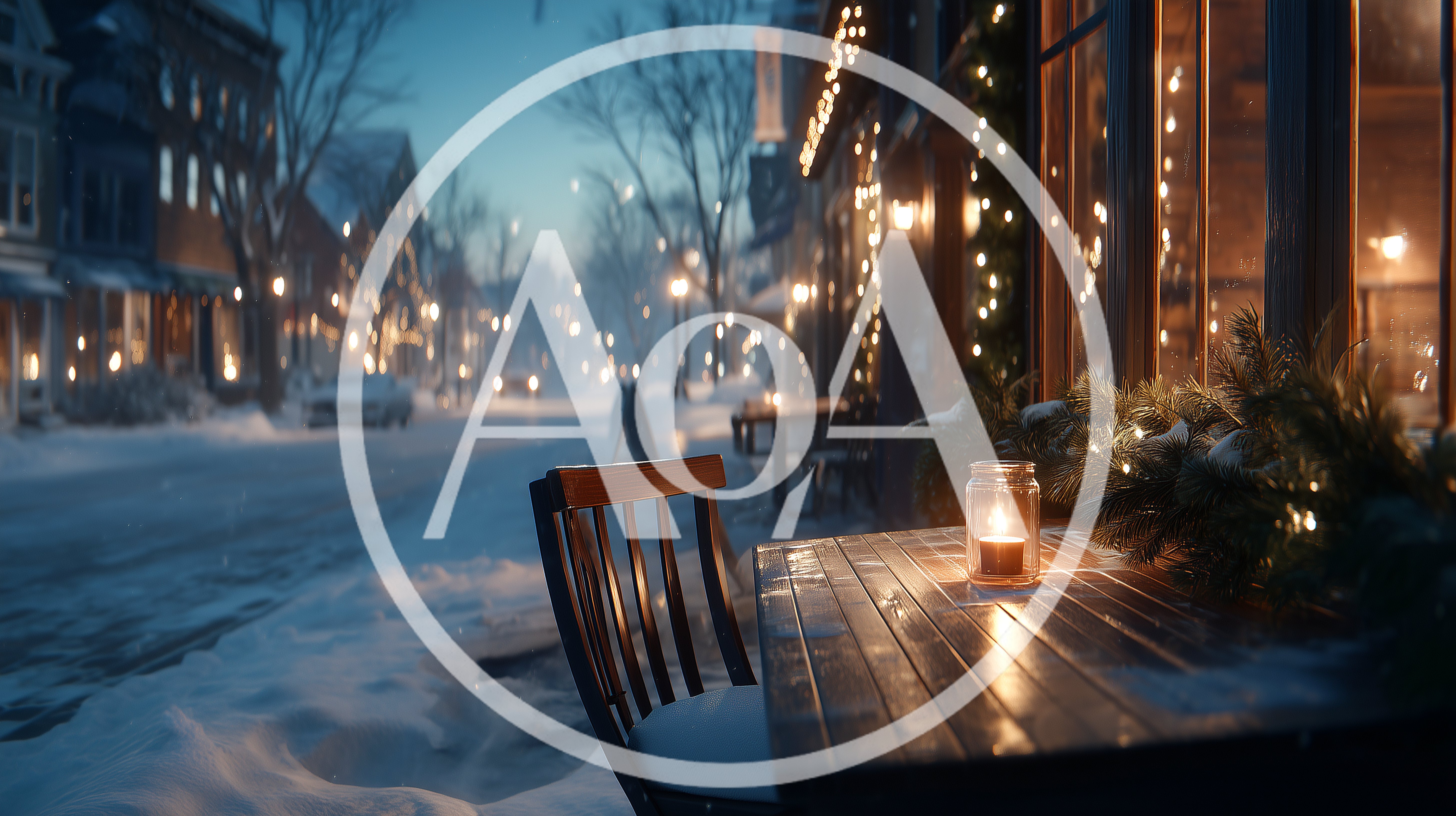 Cozy Outdoor Cafe Table In Snowy Winter Evening