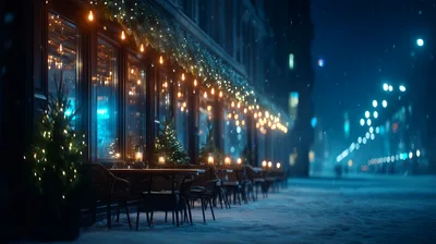 Outdoor Cafe Terrace Decorated For Christmas In Winter