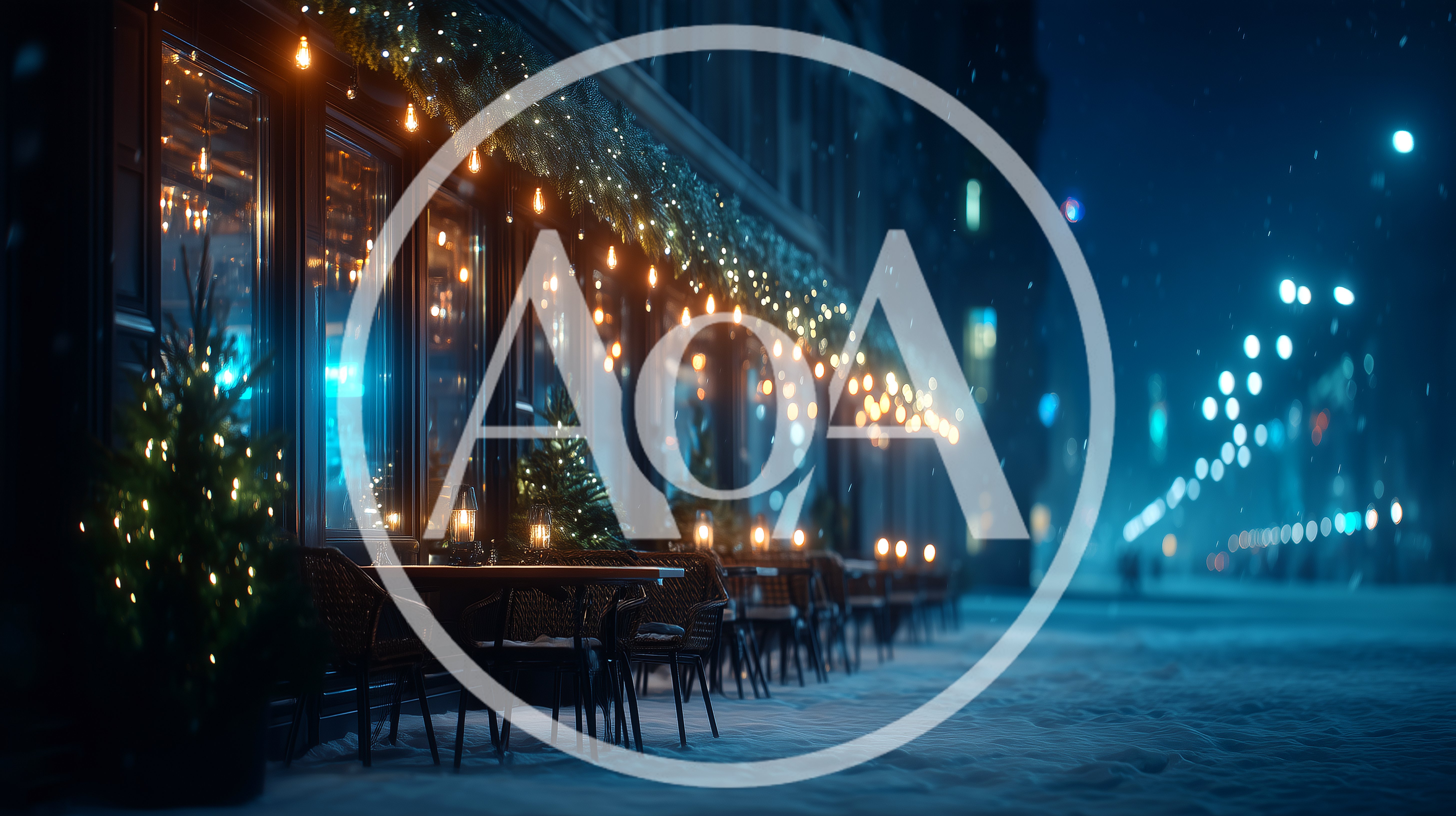 Outdoor Cafe Terrace Decorated For Christmas In Winter
