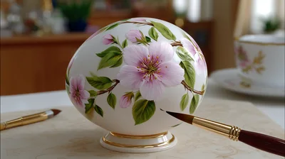 Hand Painting Floral Design On Decorative Porcelain Egg