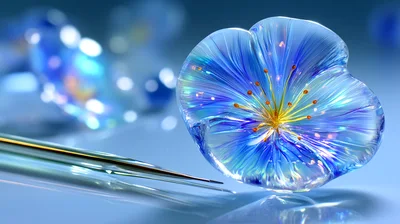Translucent Blue Glass Flower Sculpture With Metal Needle