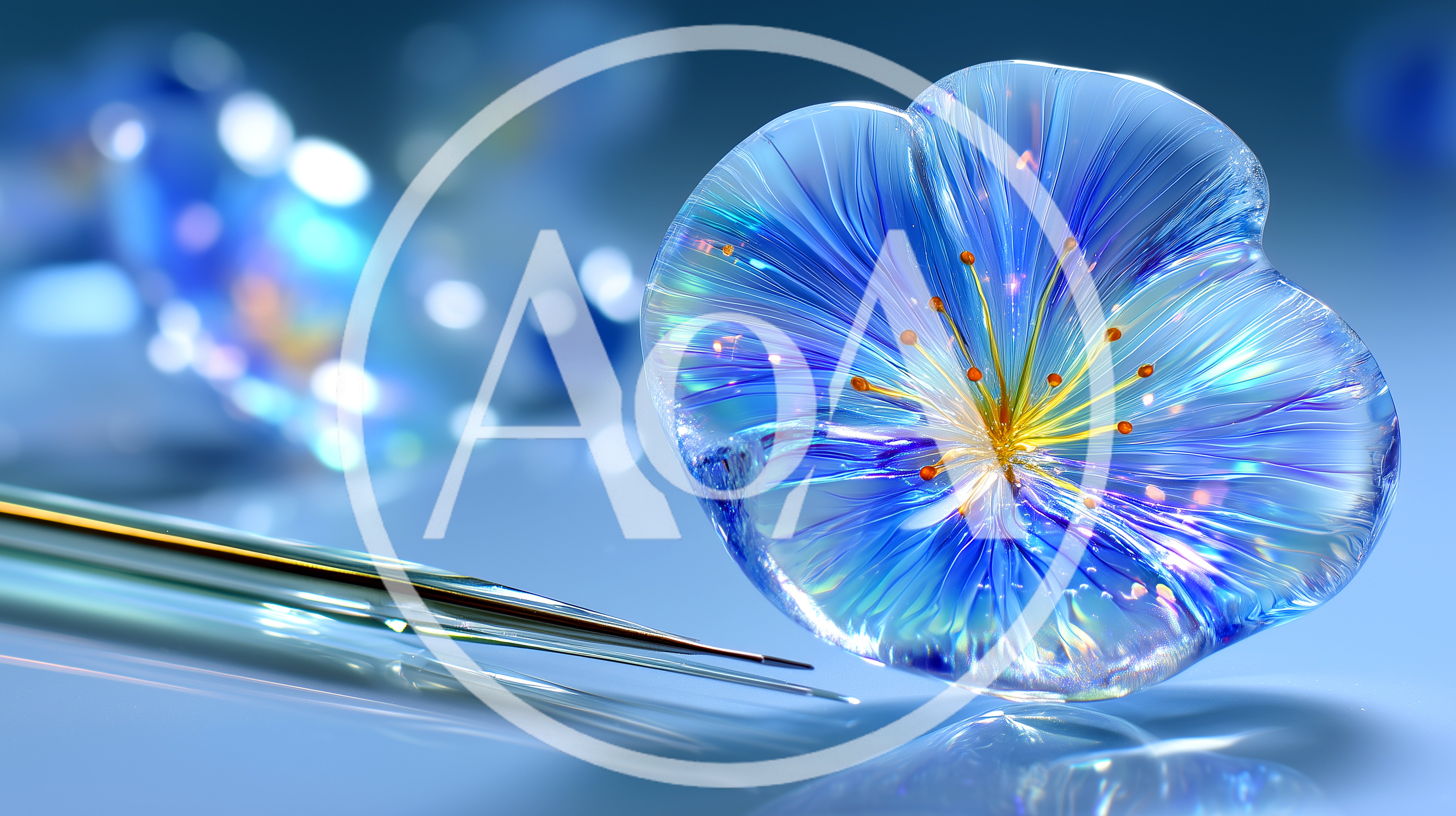 Translucent Blue Glass Flower Sculpture With Metal Needle