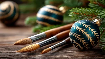 Paintbrushes Resting Beside Christmas Ornaments On Wooden Table