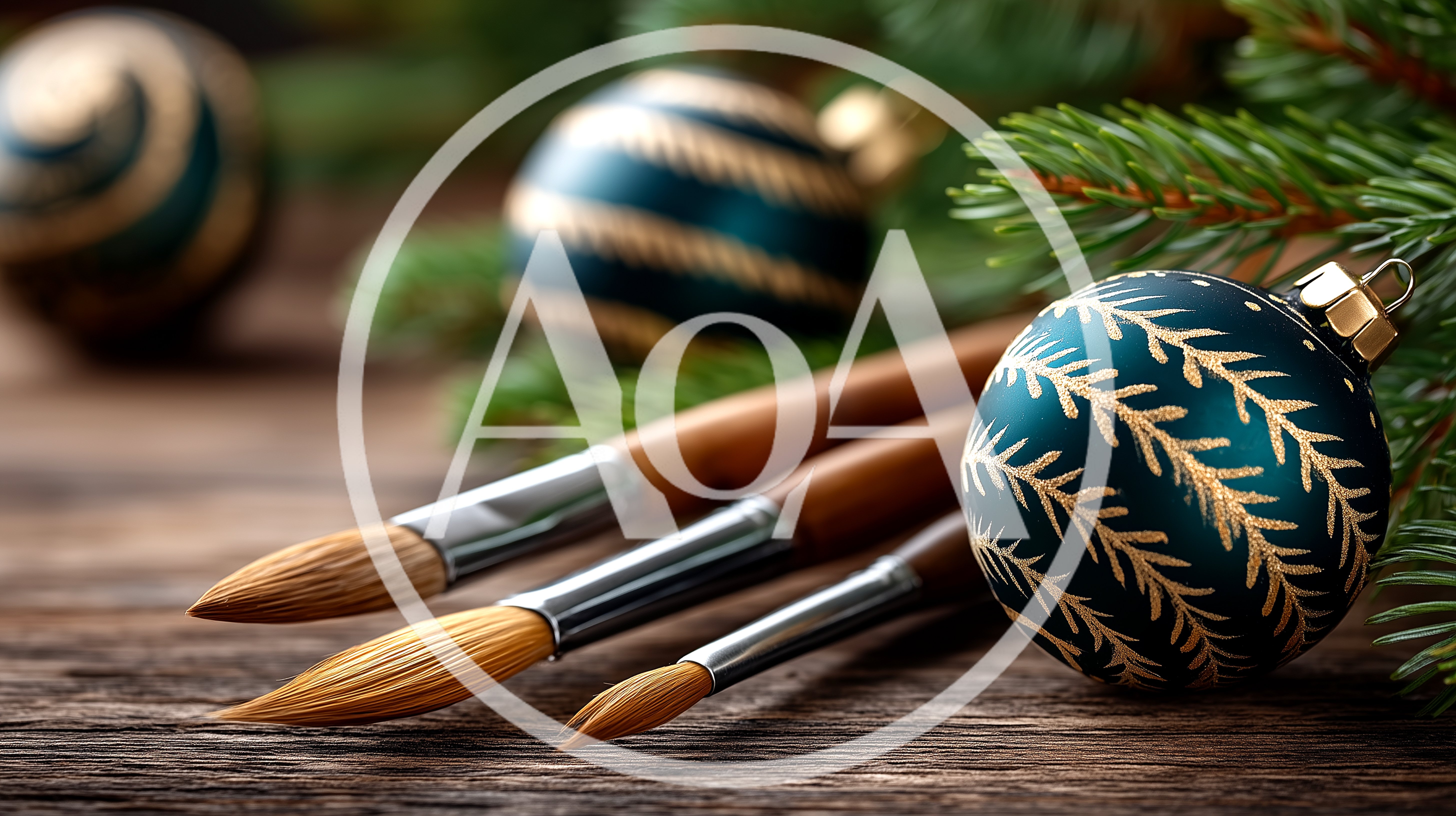 Paintbrushes Resting Beside Christmas Ornaments On Wooden Table