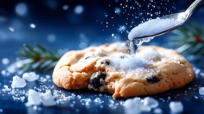 Sugar Being Poured Onto A Chocolate Chip Cookie