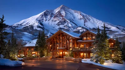 Luxury Mountain Lodge At Dusk With Snow Covered Peak