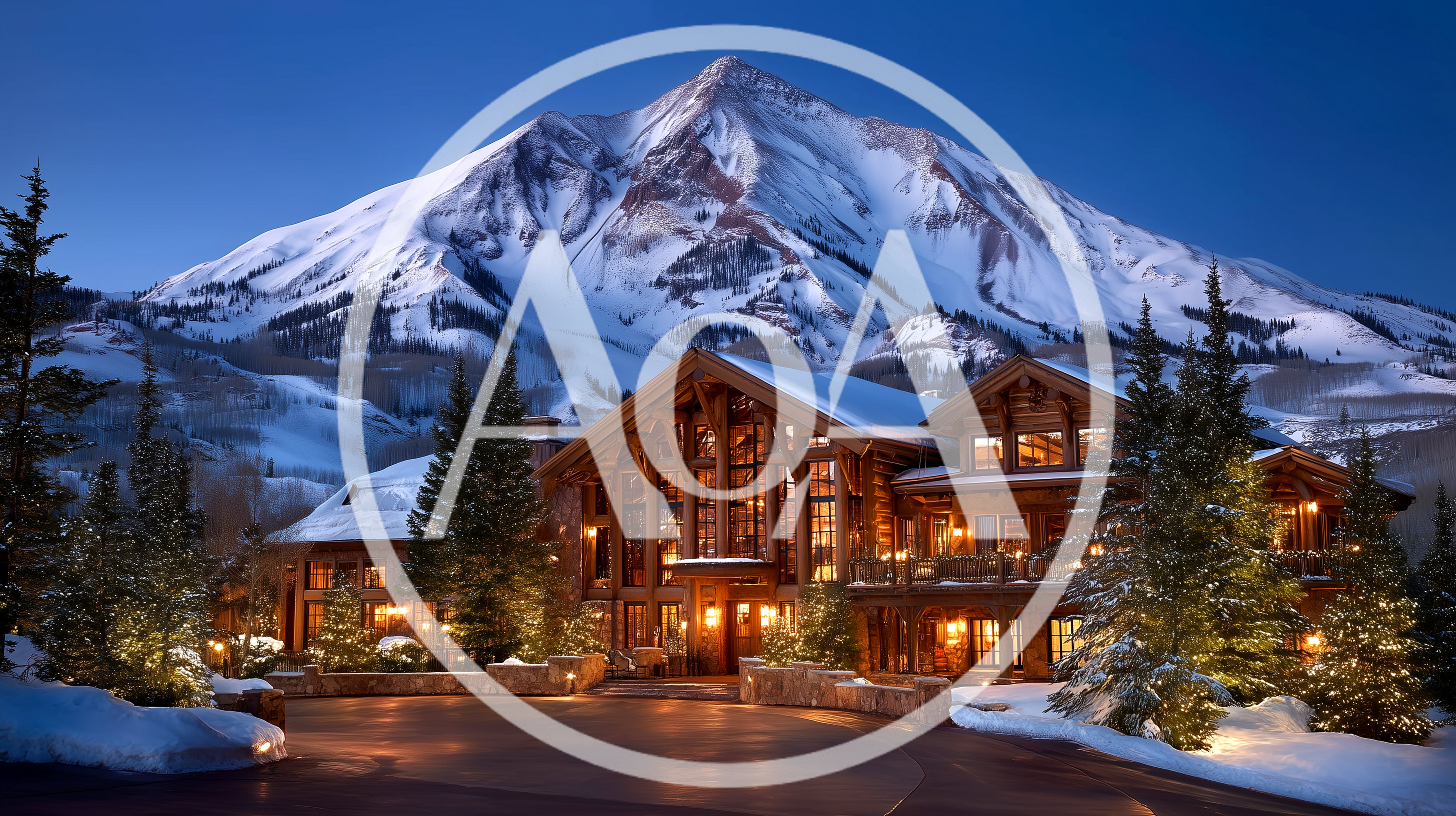Luxury Mountain Lodge At Dusk With Snow Covered Peak