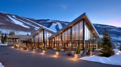 Modern Glass Ski Lodge At Dusk