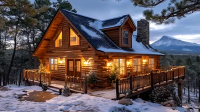 Cozy Log Cabin In Snowy Mountain Landscape