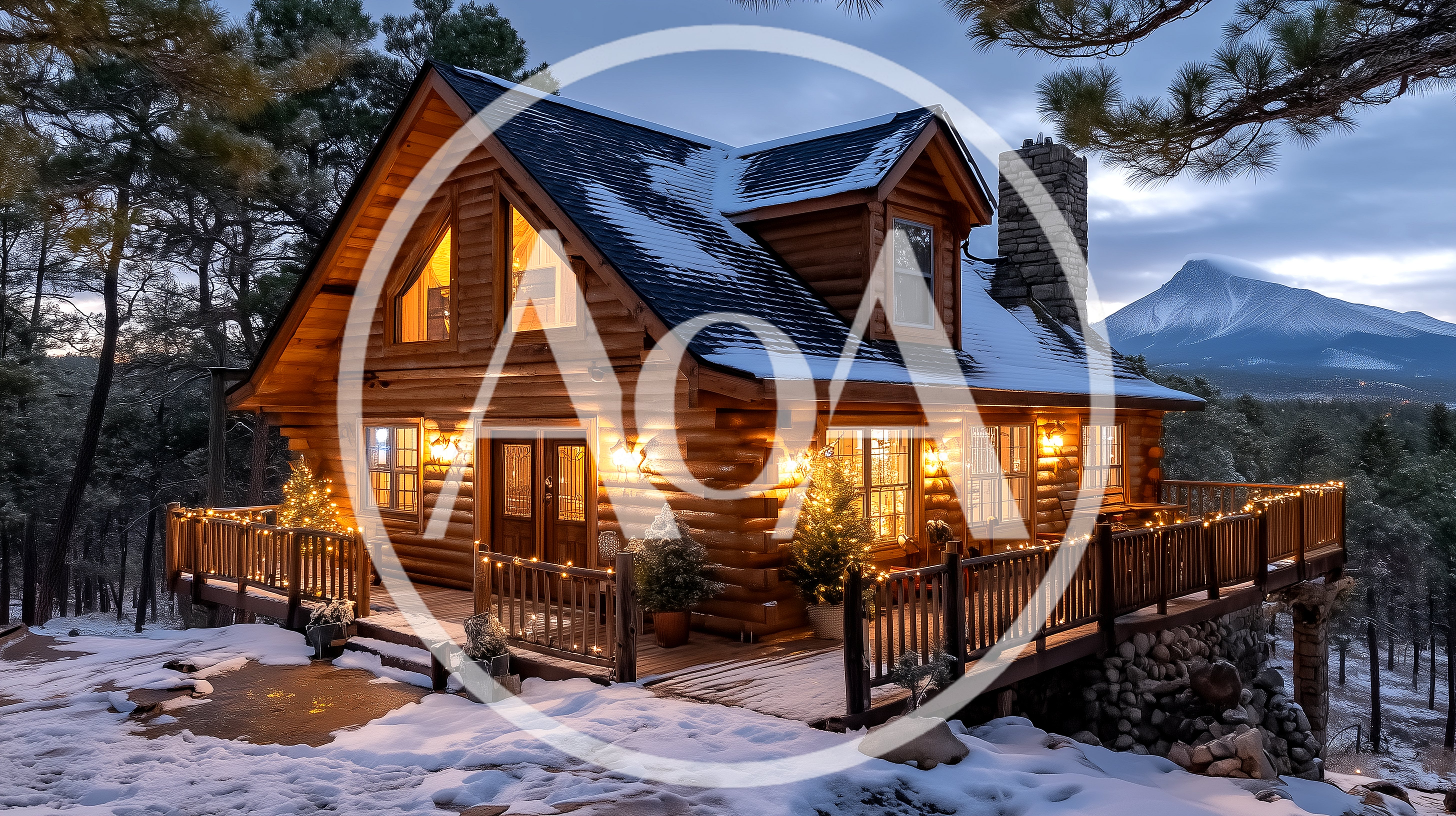 Cozy Log Cabin In Snowy Mountain Landscape