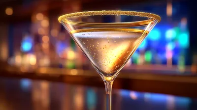 Golden Martini Glass With Sugared Rim On Bar Counter