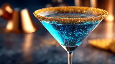Sparkling Blue Cocktail With Gold Sugar Rim