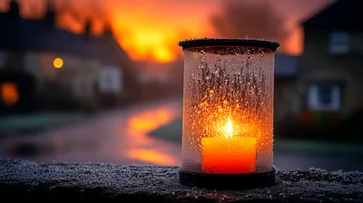 Lit Candle Inside A Frosted Glass Lantern At Sunset