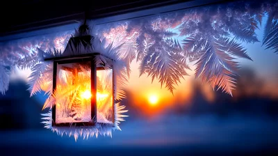 Frosted Lantern Hanging Against A Winter Sunset
