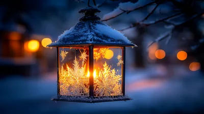 Snow Covered Lantern With Glowing Candle