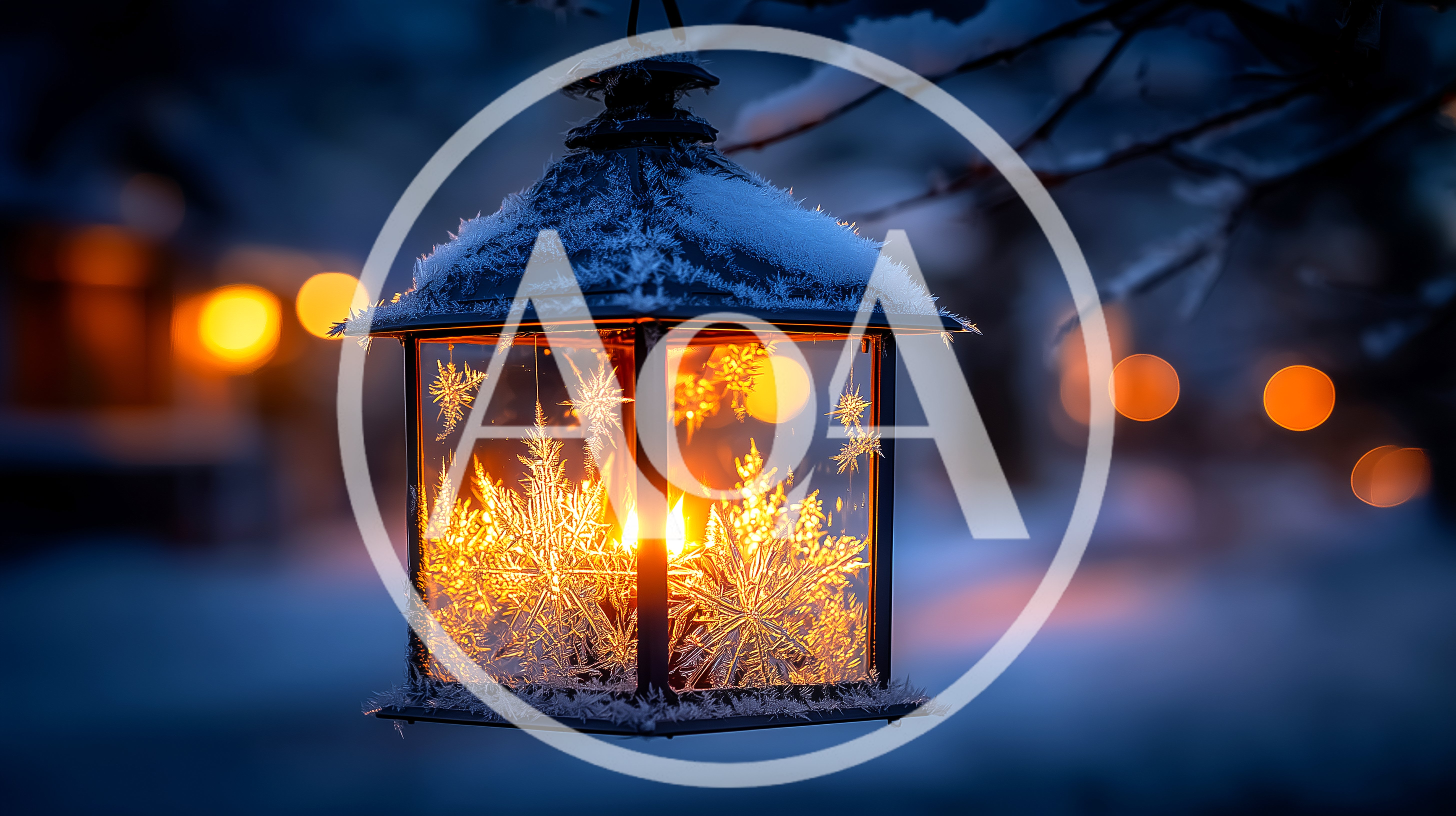 Snow Covered Lantern With Glowing Candle