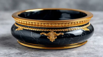Elegant Black Marble Bowl With Ornate Gold Trim