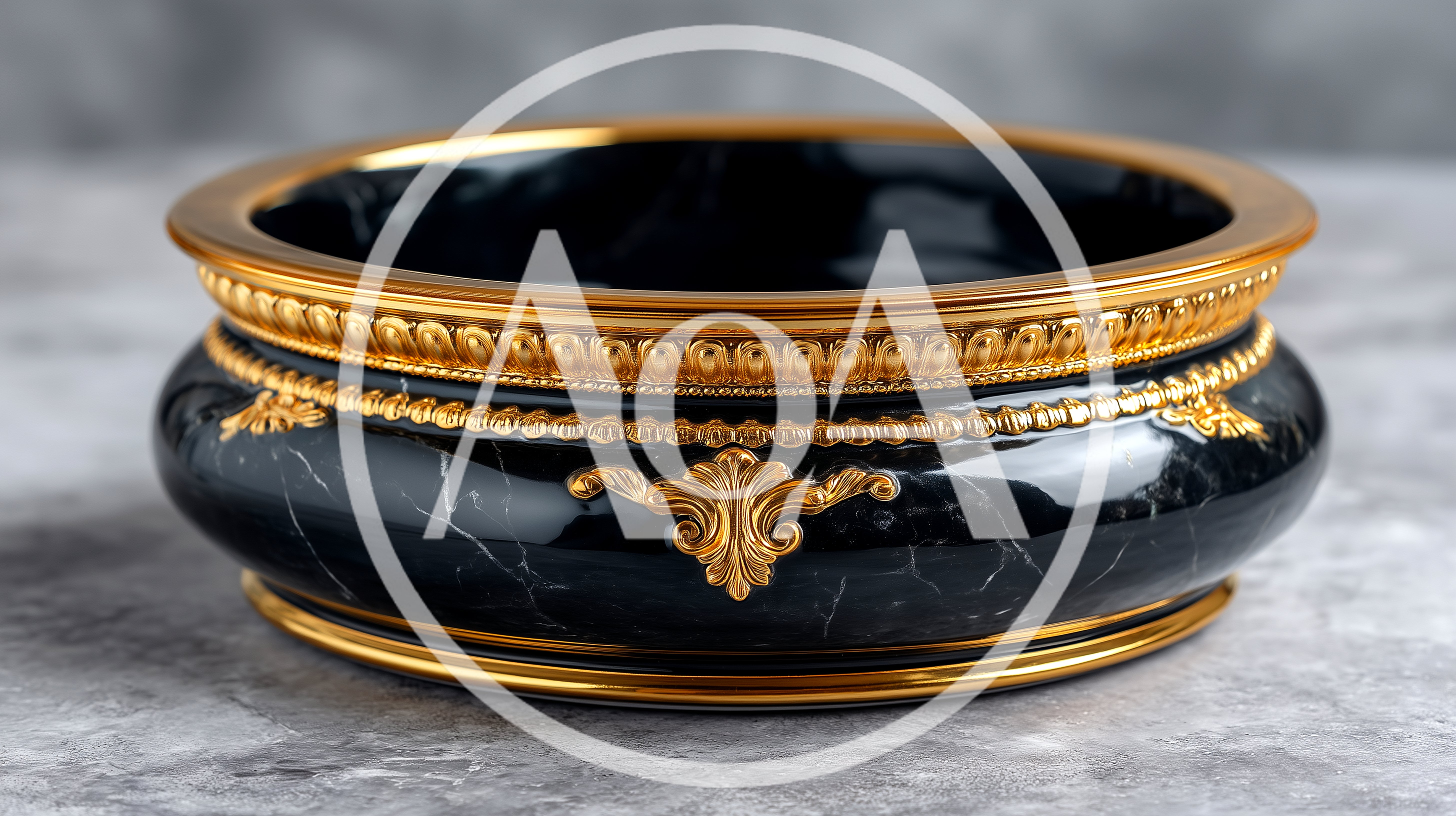 Elegant Black Marble Bowl With Ornate Gold Trim
