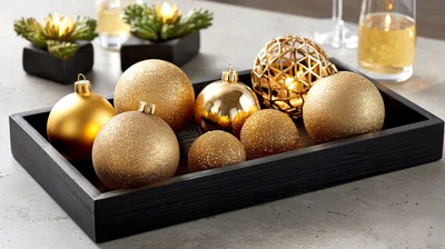 Gold Christmas Ornaments Arranged In A Black Tray