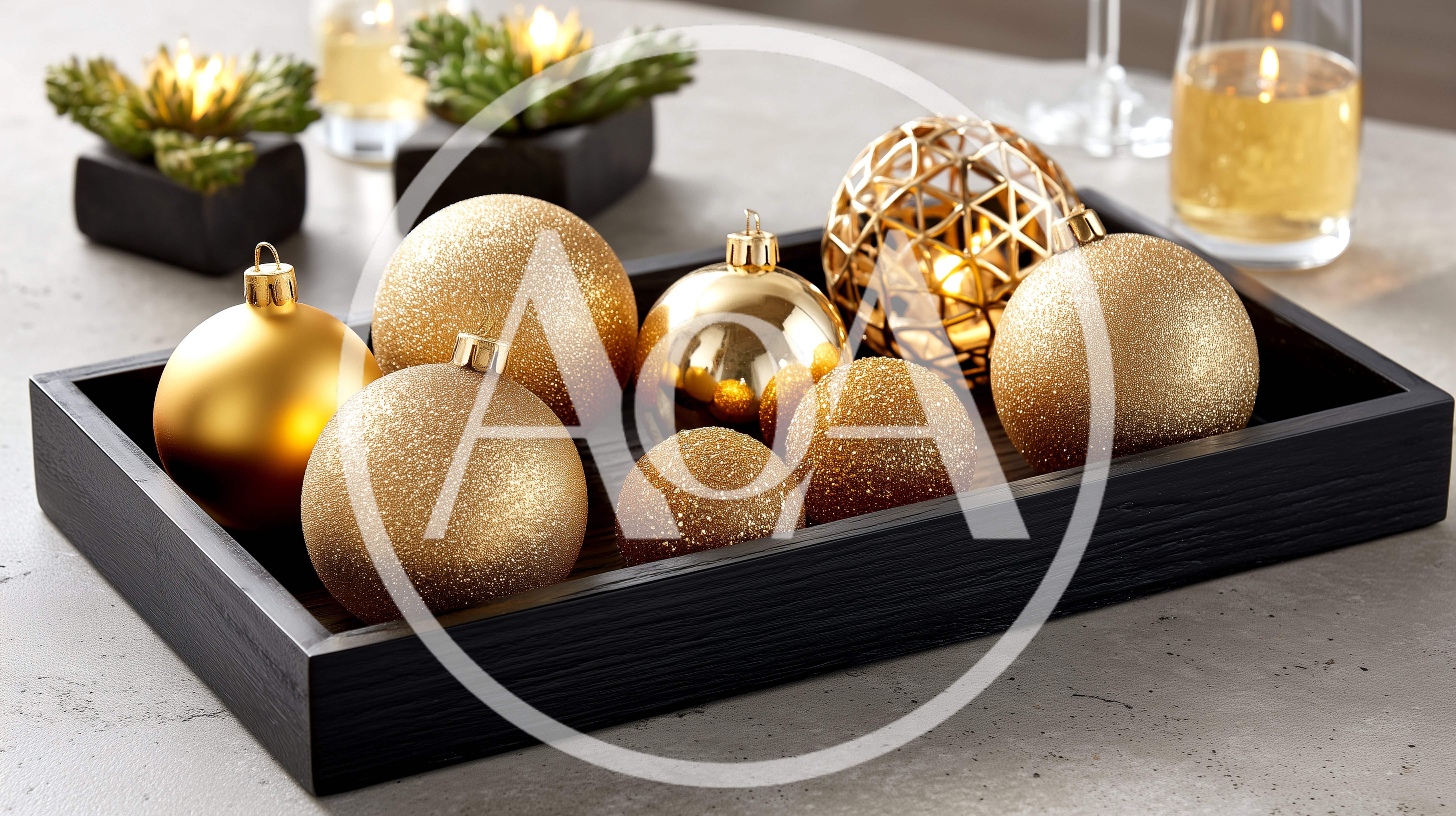 Gold Christmas Ornaments Arranged In A Black Tray