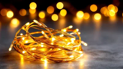Coiled Warm LED Fairy Lights on Dark Surface