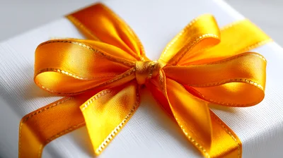 Yellow Satin Ribbon Bow On White Gift Box