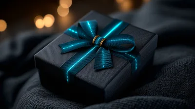 Black Gift Box With Glowing Teal Ribbon