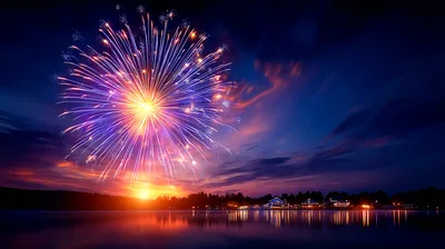 Vibrant Fireworks Display Over A Calm Lake At Sunset