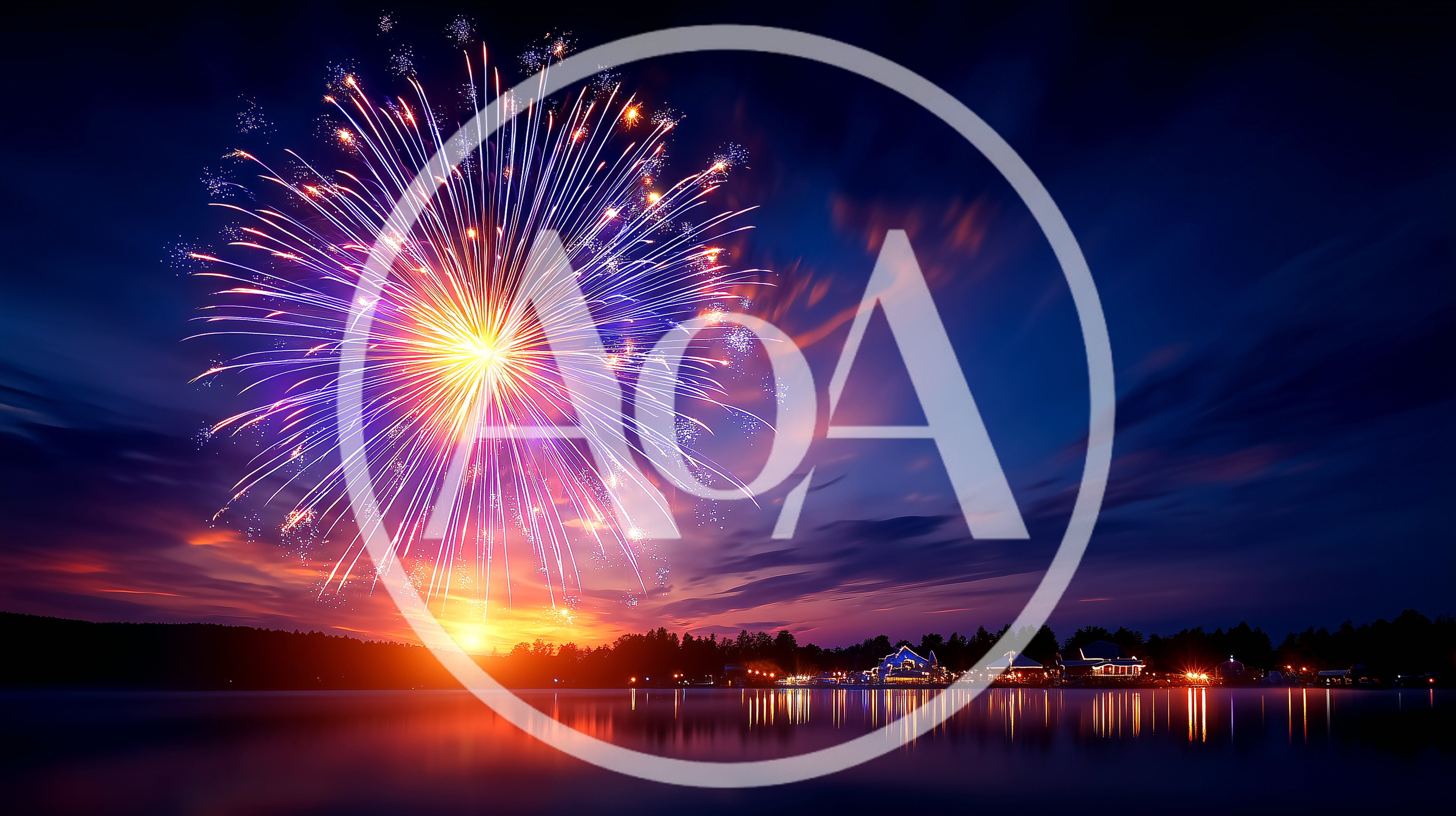 Vibrant Fireworks Display Over A Calm Lake At Sunset