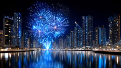 Blue Fireworks Display Over Dubai Marina Skyline
