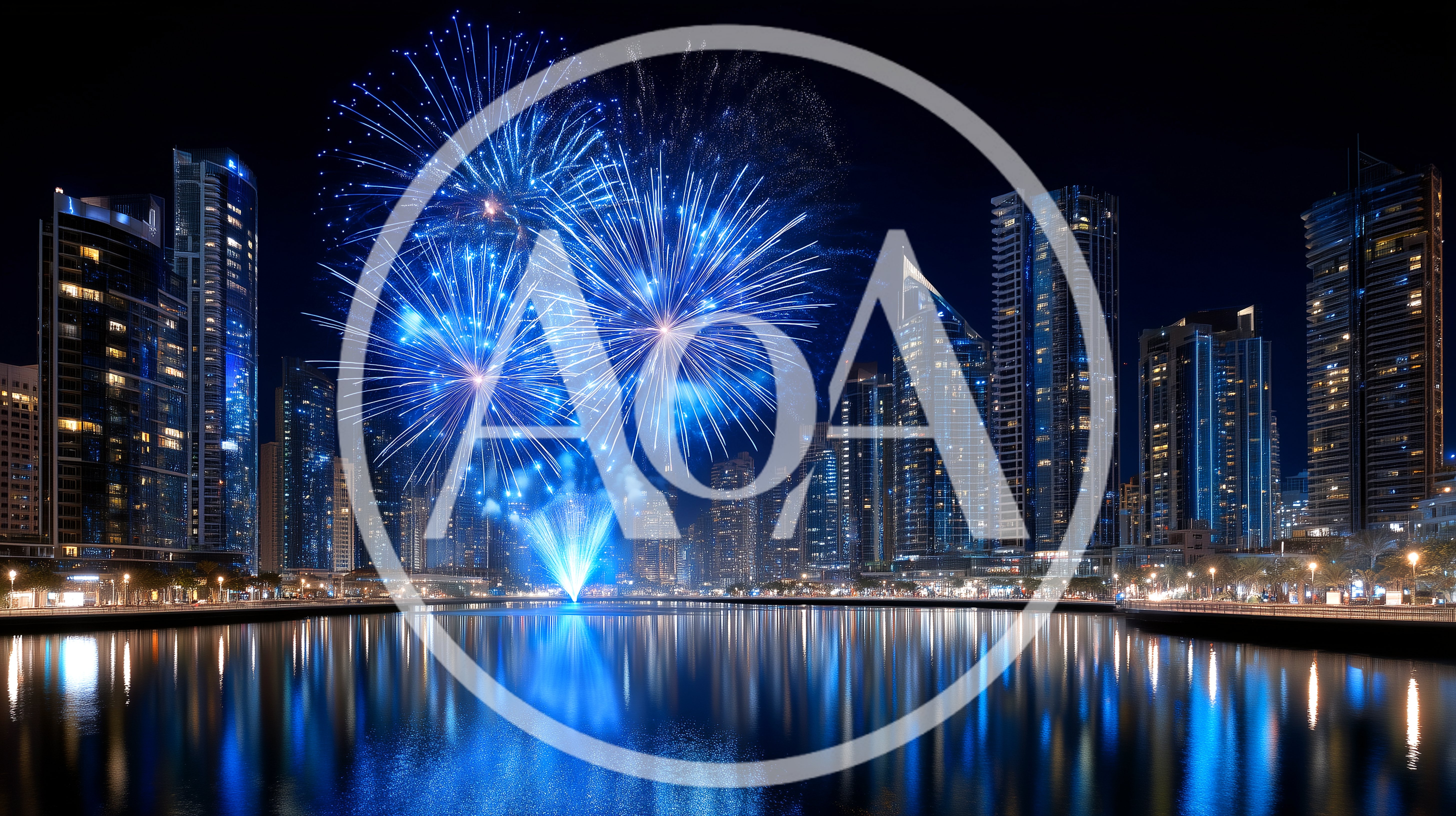Blue Fireworks Display Over Dubai Marina Skyline